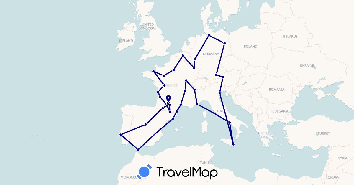 TravelMap itinerary: driving in Andorra, Austria, Belgium, Germany, Spain, France, Gibraltar, Italy, Monaco, Portugal (Europe)